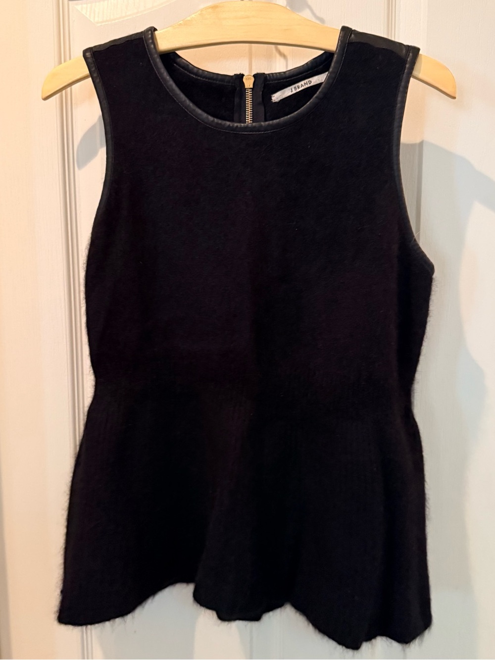 J Brand Black Angora Wool Sleeveless Peplum Top with lamb leather.